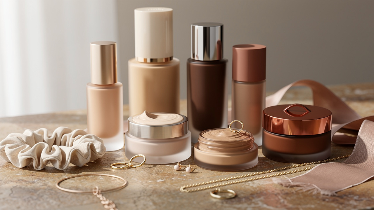 Composition contemporaine de produits de maquillage, soins de la peau, accessoires pour cheveux et bijoux disposés sur une table, avec une diversité de teintes et de textures.