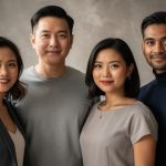 Comment les normes culturelles influencent-elles notre idée de la beauté ? Portrait éditorial d’un groupe diversifié de cinq adultes aux origines, styles vestimentaires, coiffures et bijoux variés, éclairé par une lumière naturelle douce.