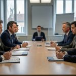 Salle de réunion politique sobre en ambiance de crise institutionnelle en France, avec plusieurs représentants autour d’une table, éclairage discret et atmosphère tendue.