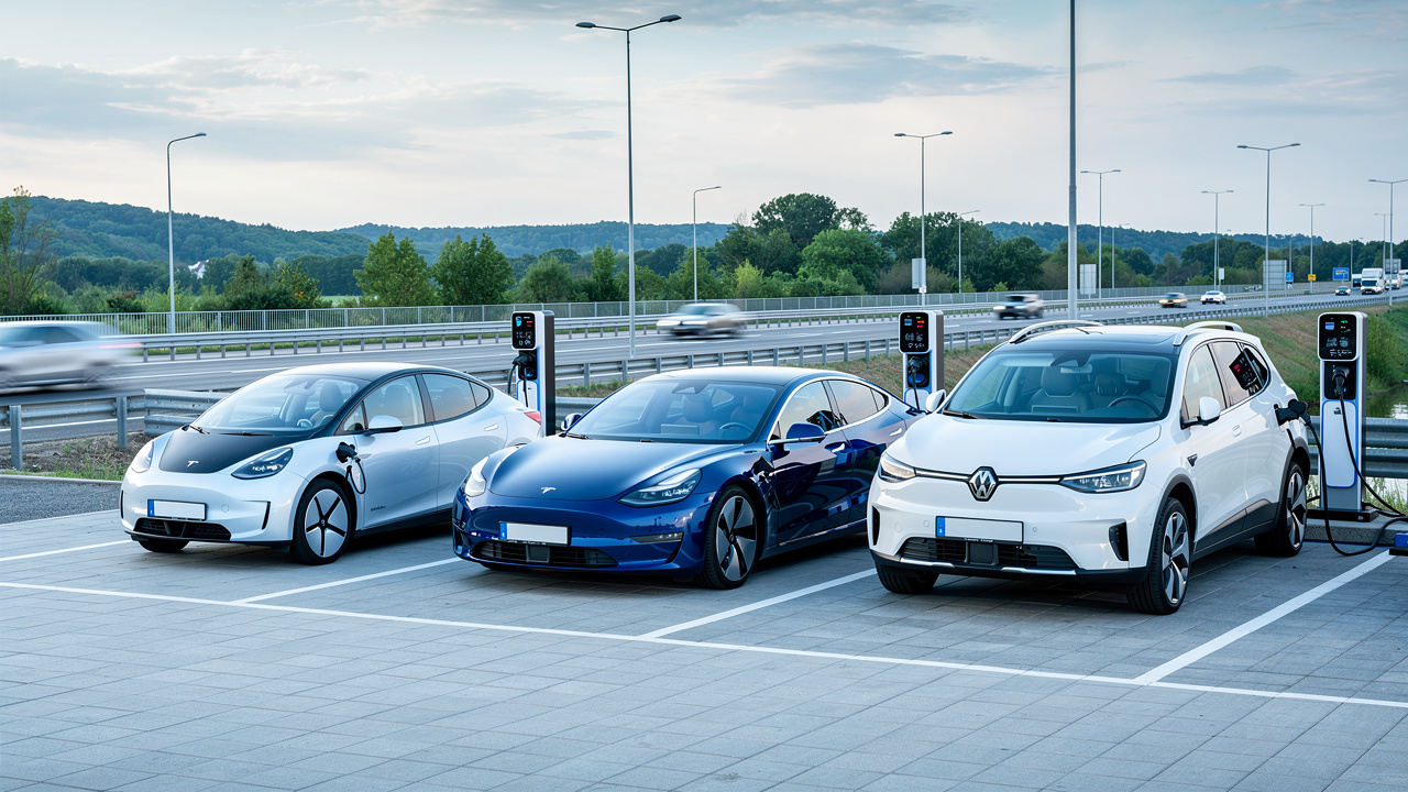 Trois voitures électriques distinctes, une citadine, une berline et un SUV, stationnées près de bornes de recharge rapide sur une aire d'autoroute moderne.