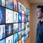 Influence des médias sur les perceptions : 7 clés pour la comprendre Un homme observe un mur lumineux composé d’écrans affichant des images abstraites de médias, des connexions colorées et des silhouettes floues.