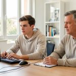 Un jeune homme étudie la sécurité routière sur un ordinateur dans une salle de formation à Menton, accompagné d’un conseiller.