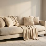 Entretien canapé : protéger, nettoyer et réparer durablement Canapé lumineux dans un salon moderne, avec un plaid protecteur, des coussins bien entretenus et du matériel de nettoyage discret.