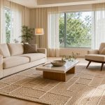 Aménagement salon : 8 éléments pour un espace confortable et harmonieux Salon contemporain lumineux et harmonieux avec mobilier moderne, tapis texturé, plantes vertes et éclairage chaleureux.